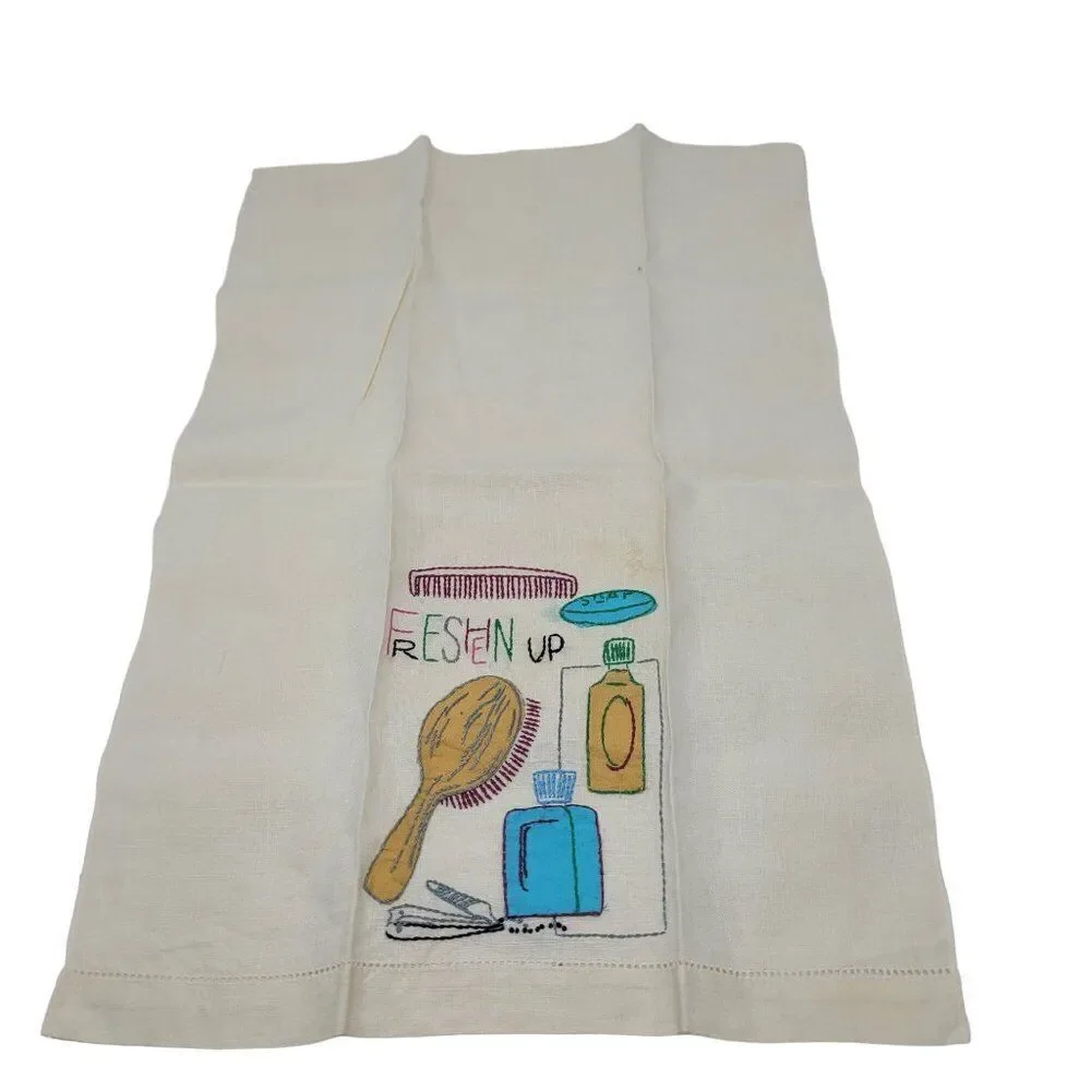 Vtg 60s Embroidered Linen Hand Towel Set Kitschy Vanity Bathroom Prop Display‎